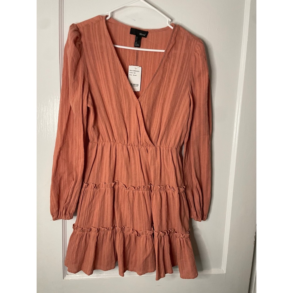 SBETRO Women's Ruffled Mini Dress Long‎ Sleeve V Neck Small Coral New with Tags